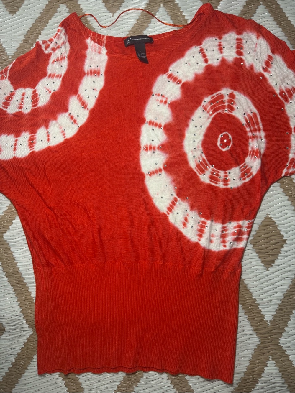 INC International Concepts Red and White Tie-Dye Short Sleeve Sweater